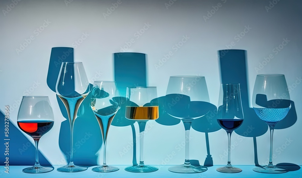 Poster a group of wine glasses sitting next to each other on a blue tablecloth with a white background behi