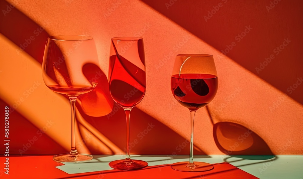 Poster three glasses of red wine are sitting on a table with a red table cloth and a red wall behind them, 