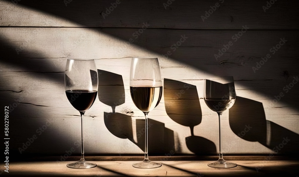 Poster a row of wine glasses sitting on top of a wooden table next to a wall with a shadow cast on the wall
