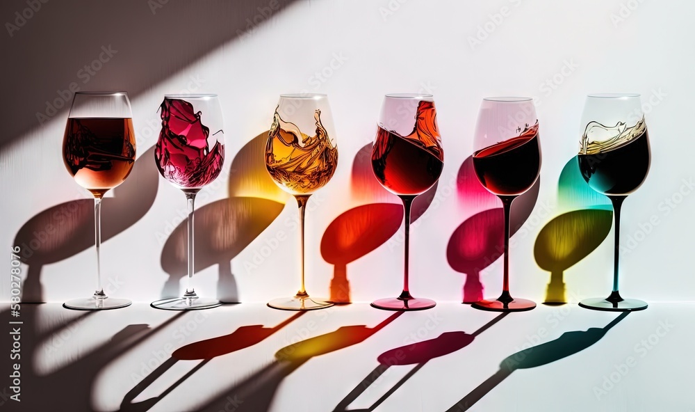 Poster a row of wine glasses sitting next to each other on a white surface with a shadow cast on the wall b