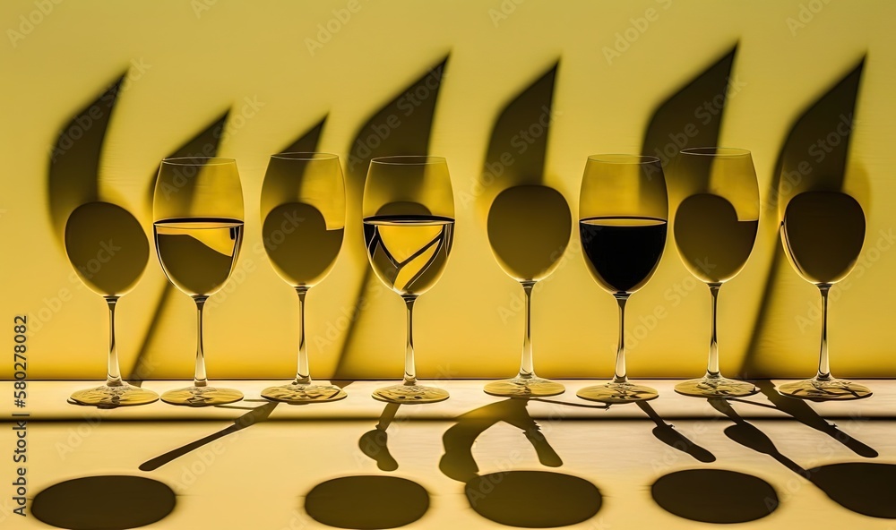 Poster a row of wine glasses sitting on top of a table next to a shadow of a knife and a wine glass on a ta