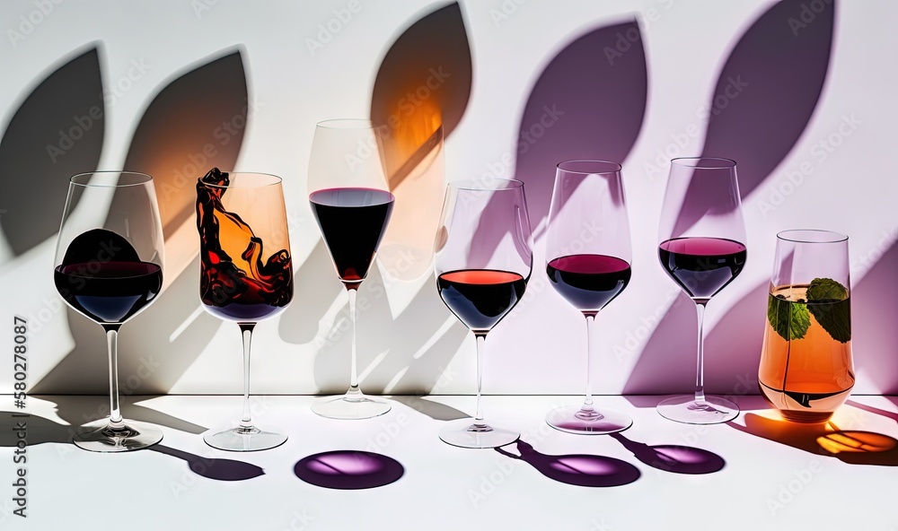 Poster a group of wine glasses sitting next to each other on a table with a shadow cast on the wall behind 