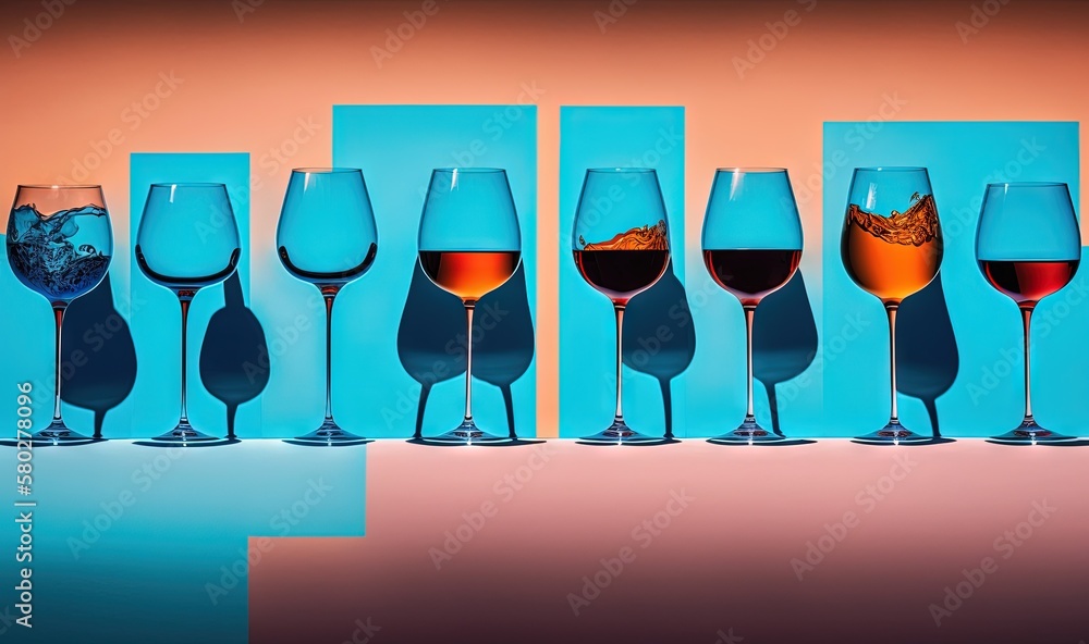 Poster a row of wine glasses sitting next to each other on a blue tablecloth with a pink background behind 