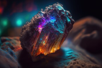 Rainbow Crystal, Titanium Color Stone, Cyber Crystal on Black Background Generative Ai Illustration
