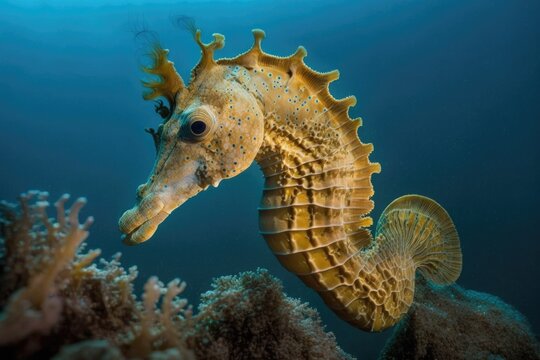 Hippocampus guttulatus, or the long snouted seahorse, in the Adriatic Sea, near Croatia. Generative AI