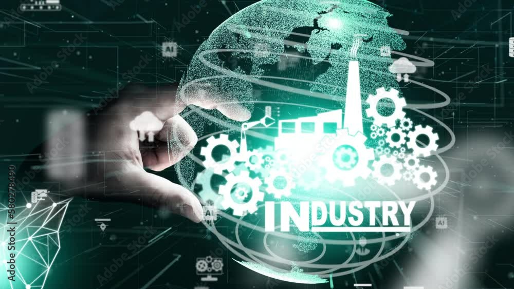 Poster futuristic industry 4.0 and inventive mechanized engineering concept with graphic user interface sho