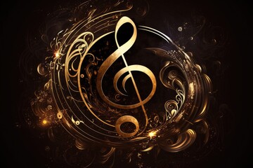 Gorgeous abstract in honor of World Music Day, with a brilliant golden Music Symbol set on a dark background. Generative AI