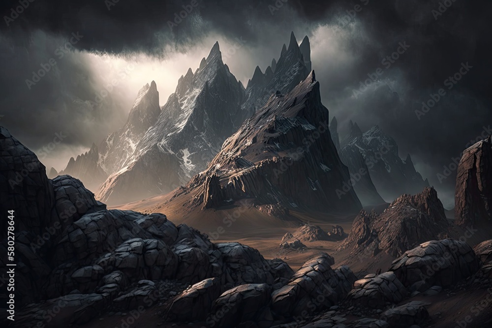 Poster high, sunlit mountains strewn with jagged rocks create a dramatic landscape against a gray sky. larg