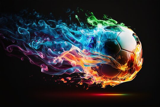 Football with colourful flames flying on dark background. Generative ai