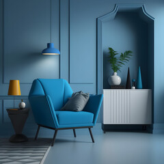 Cozy modern living room interior with blue armchair and decoration room on a Orange or white wall background, Generative AI

