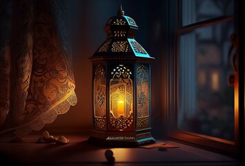 Ramadan lantern by the open window. Copy space, Ramadan and Muslim Holidays