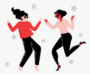 Two dancing girls. Modern stylish dancers in motion in studio, stage or dance hall. Dance party. Modern portrait in a minimalist, bohemian, flat style. Vector illustration. Flat design.