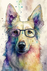dog wearing eyeglasses, Psychedelic Illustration. Generative AI