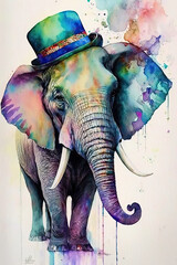 Elephant wearing Cowboy hat, Psychedelic Illustration. Generative AI