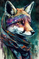 Fox wearing Bandana, Psychedelic Illustration. Generative AI