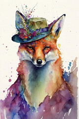 Fox wearing Hat, Psychedelic Illustration. Generative AI