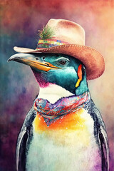 Penguin wearing Cowboy hat, Psychedelic Illustration. Generative AI