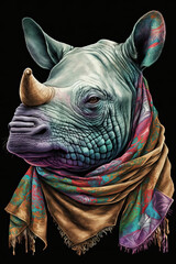 Rhinoceros wearing Bandana, Psychedelic Illustration. Generative AI