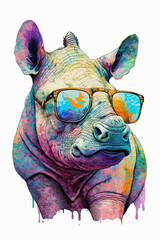 Rhinoceros wearing sunglasses, Psychedelic Illustration. Generative AI