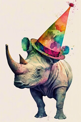 Rhinoceros wearing Hat, Psychedelic Illustration. Generative AI