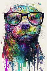 Sea Otter wearing eyeglasses, Psychedelic Illustration. Generative AI