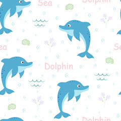 cartoon seamless pattern with dolphin, vector illustration