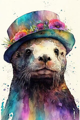 Sea Otter wearing Hat, Psychedelic Illustration. Generative AI