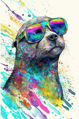 Sea Otter wearing sunglasses, Psychedelic Illustration. Generative AI
