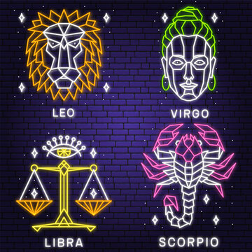 Set of zodiac astrology horoscope neon sign leo, virgo, libra, scorpio. Vector. Elegant line art symbol or icon of leo, virgo, libra, scorpio esoteric zodiacal horoscope templates