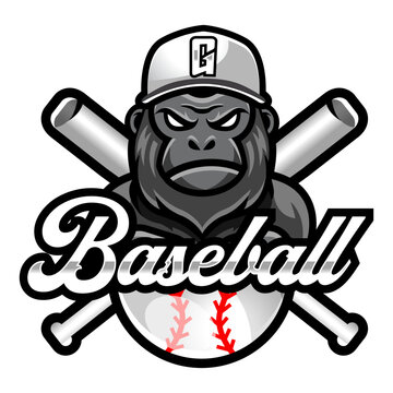 Gorilla Ape Mascot Baseball Team Logo Design Vector With Modern Illustration Concept Style For Badge, Emblem And Tshirt Printing. Modern Gorilla Logo Illustration For Sport, Gamer, League