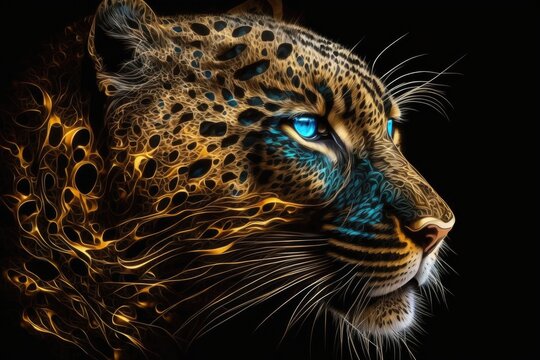 Black panther jaguar ocelot tiger walking fractal eye head isolated ocelot tiger huge jaguar male attacking, glaring at your eyes. Generative AI