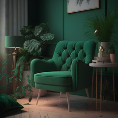Cozy modern living room interior with green armchair and decoration room on a Orange or white wall background, Generative AI
