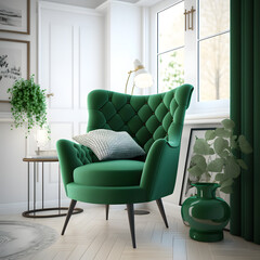 Cozy modern living room interior with green armchair and decoration room on a Orange or white wall background, Generative AI
