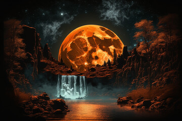 A mesmerizing and surreal scene of an orange moon rising above a great waterfall, casting a warm glow over the cascading water and creating a tranquil and magical atmosphere. Generative AI
