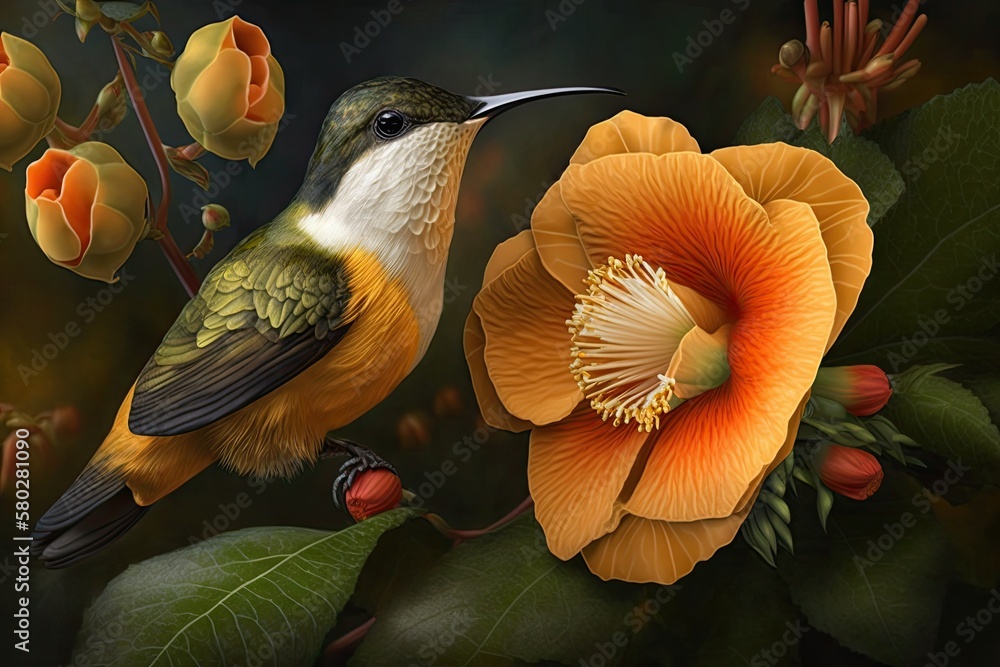 Sticker Chilean Pingara Orange abutilon flower with a huge hummingbird perched on it in a garden. Generative AI