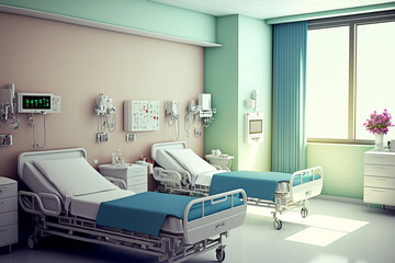 Modern recovery room with beds and comfortable medical equipment. Generative AI illustration