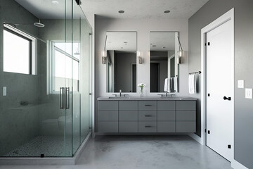Modern bathroom corner with gray walls, a concrete floor, a mirror topped double sink, a gray cabinet, and a glass enclosed shower, generative AI
