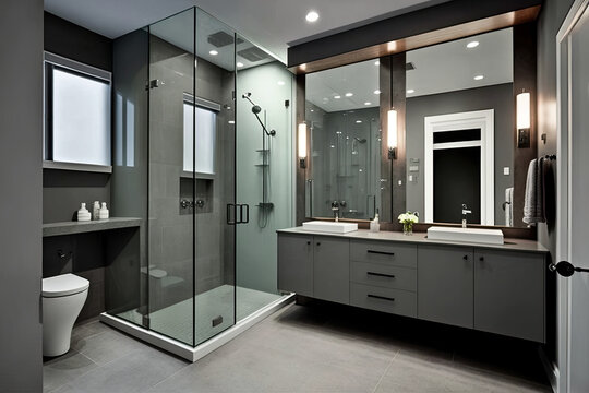 Modern bathroom corner with gray walls, a concrete floor, a mirror topped double sink, a gray cabinet, and a glass enclosed shower, generative AI