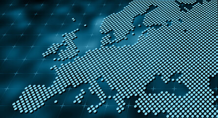 Perspective dot europe continent map. EU pixel map outline on dark background. European continent business background. Map template for infographics.