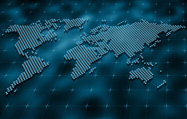 Perspective dot world continent map. Global world pixel map outline on dark background. World map business background. Map template for infographics.