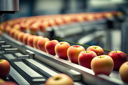 Apples in a food processing facility, clean and fresh, ready for automated packing. Concept for a healthy food company with automated manufacturing of food and fruits. Generative AI