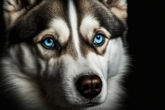 Close Up In This Frontal Shot, A Siberian Husky Dog's Blue Eyes Burst Out Of An Otherwise Black Background. Generative AI