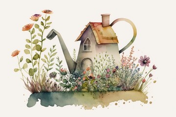 Cute flowers and a miniature watercolor home perched on a hillside on a white backdrop. open field in the summer. Create a card, border, banner, or whatever else you need with this illustration. Adora