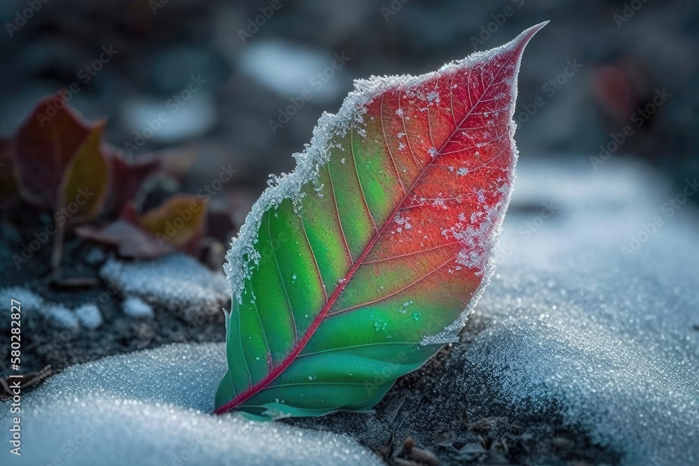 Poster green red leaf that has fallen to the ground and is covered in hoarfrost and snow, captured at close