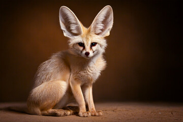 Cute fennec fox portrait in front of brown isolated studio background.Front view.Created with generative ai - obrazy, fototapety, plakaty