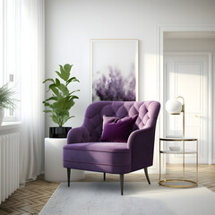 Cozy modern living room interior with purple armchair and decoration room on a purple or white wall background, Generative AI
