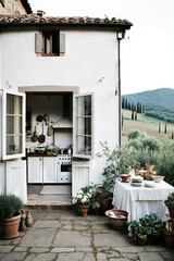 Fototapeta na wymiar outdoor tuscan courtyard, leafy, clean minimal bright white fresco patio, modern kitchen, generative AI