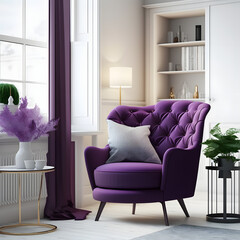 Cozy modern living room interior with purple armchair and decoration room on a purple or white wall background, Generative AI
