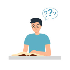 Man reading book with a question mark in flat design on white background.