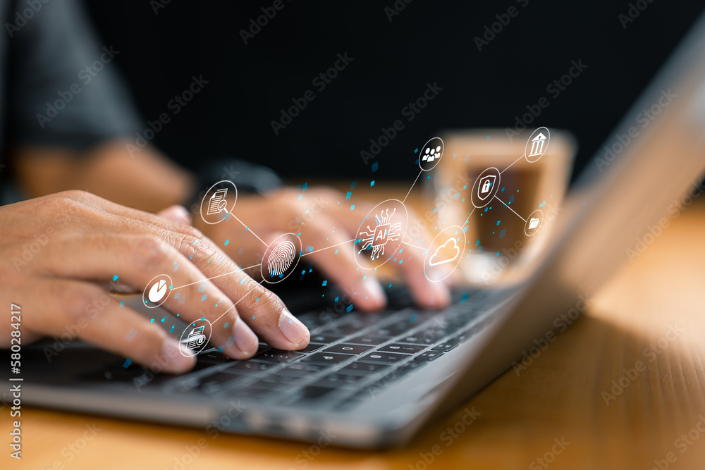 Poster The concept integrates AI chips, new tech, big data, and biz design with fingerprint systems, cloud computing, and smart industry storage to optimize business operations.